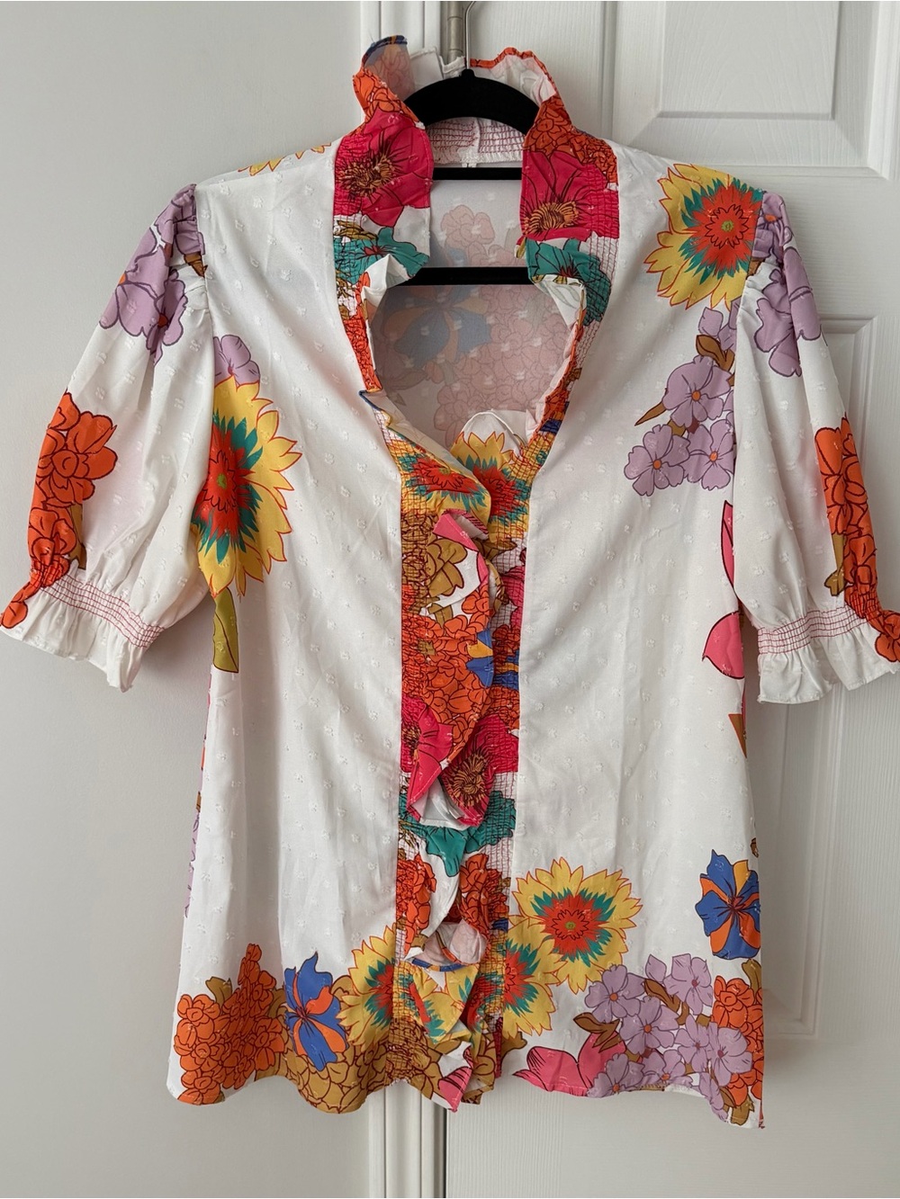 Floral Ruffle Front Women's Puff Sleeve Blouse , Size L